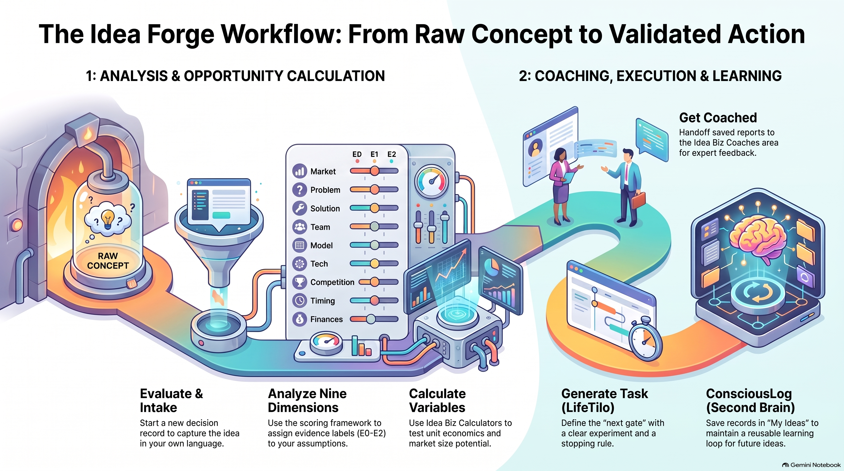 Your Idea Forge workflow showing capture, evaluation, calculation, coaching, task generation, and retained experience.